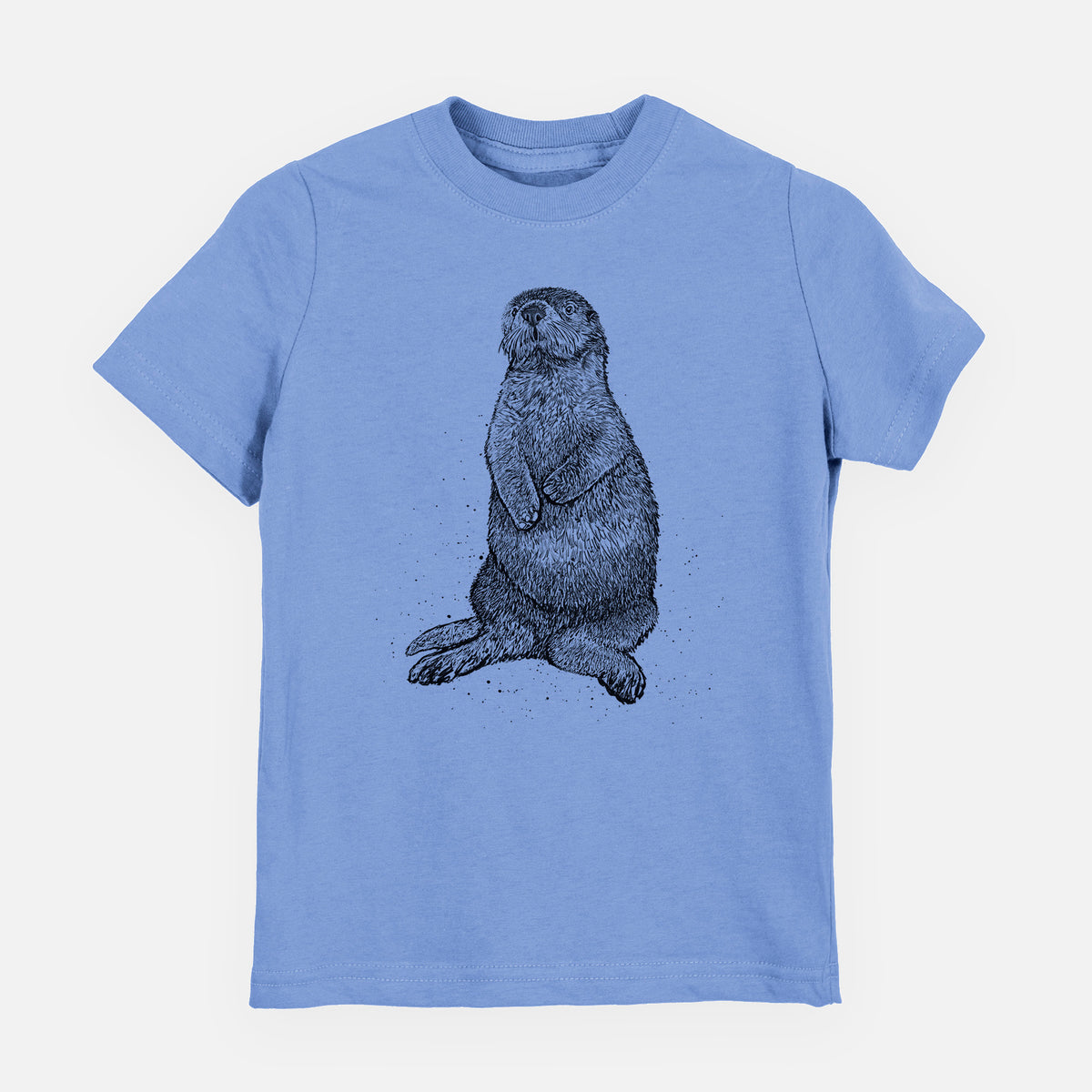 Carolina blue youth t-shirt laid flat, printed with a detailed black ink illustration of a sea otter sitting upright.