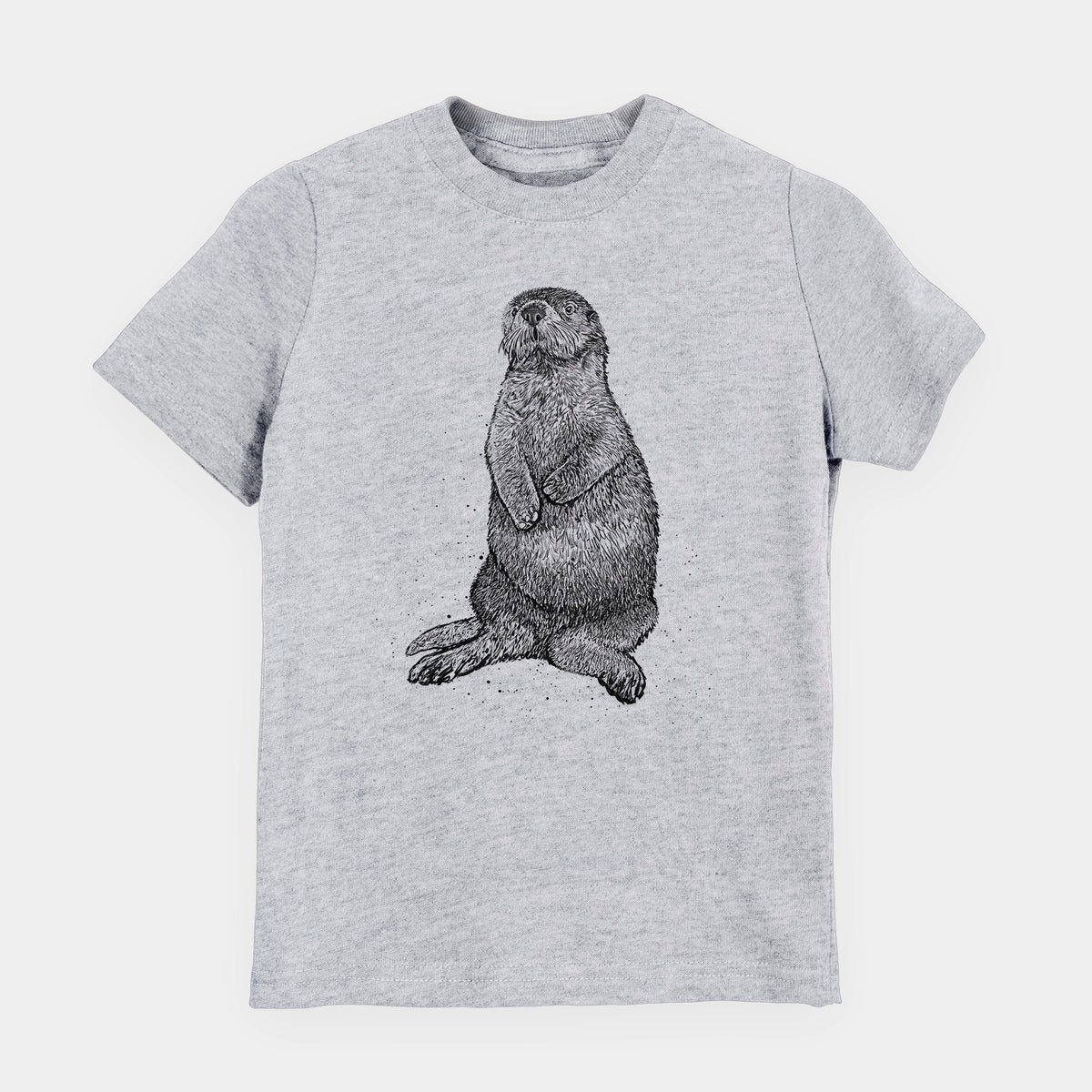 Heather grey youth t-shirt laid flat, printed with a detailed black ink illustration of a sea otter sitting upright.