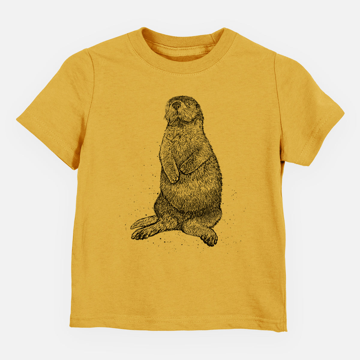 Honeycomb yellow toddler t-shirt laid flat, printed with a detailed black ink illustration of a sea otter sitting upright.