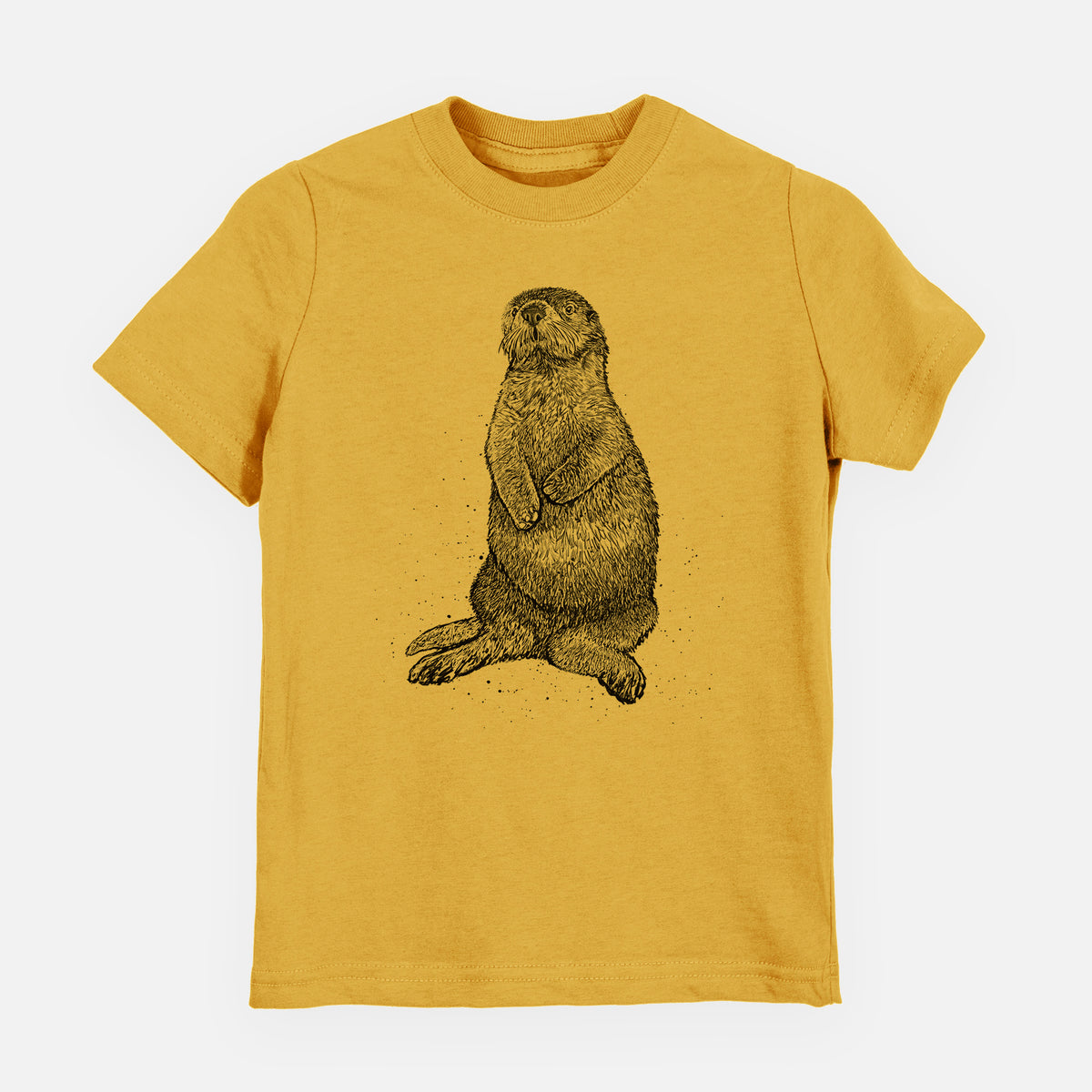 Honeycomb yellow youth t-shirt laid flat, printed with a detailed black ink illustration of a sea otter sitting upright.