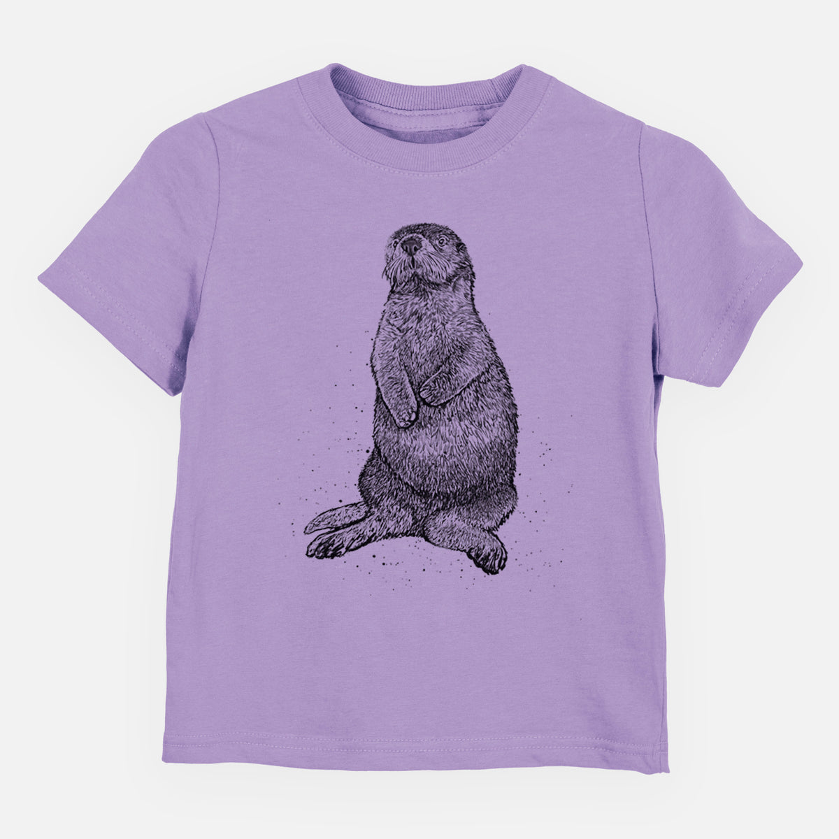 Lavender toddler t-shirt laid flat, printed with a detailed black ink illustration of a sea otter sitting upright.