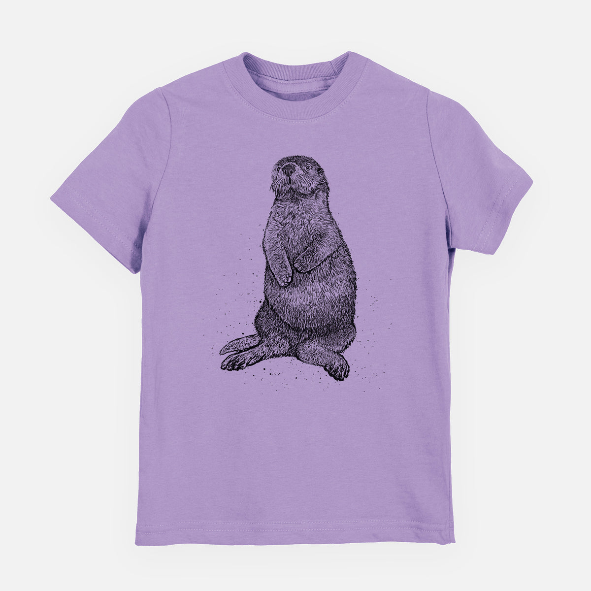 Lavender youth t-shirt laid flat, printed with a detailed black ink illustration of a sea otter sitting upright.