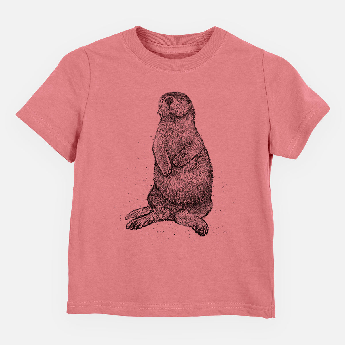 Mauve pink toddler t-shirt laid flat, printed with a detailed black ink illustration of a sea otter sitting upright.