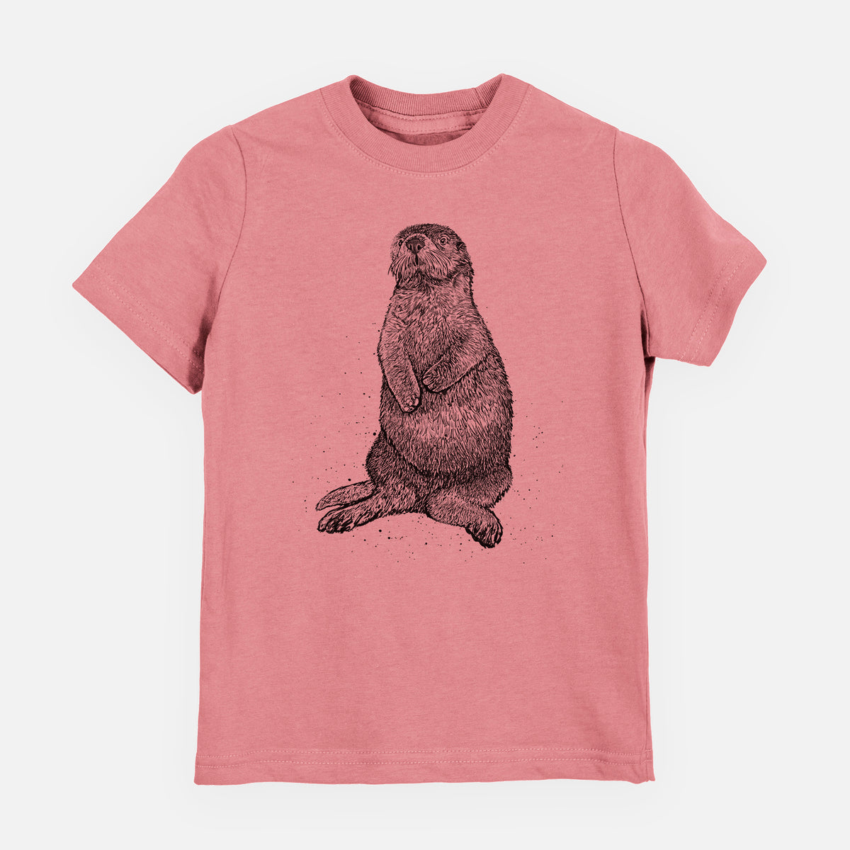 Mauve pink youth t-shirt laid flat, printed with a detailed black ink illustration of a sea otter sitting upright.
