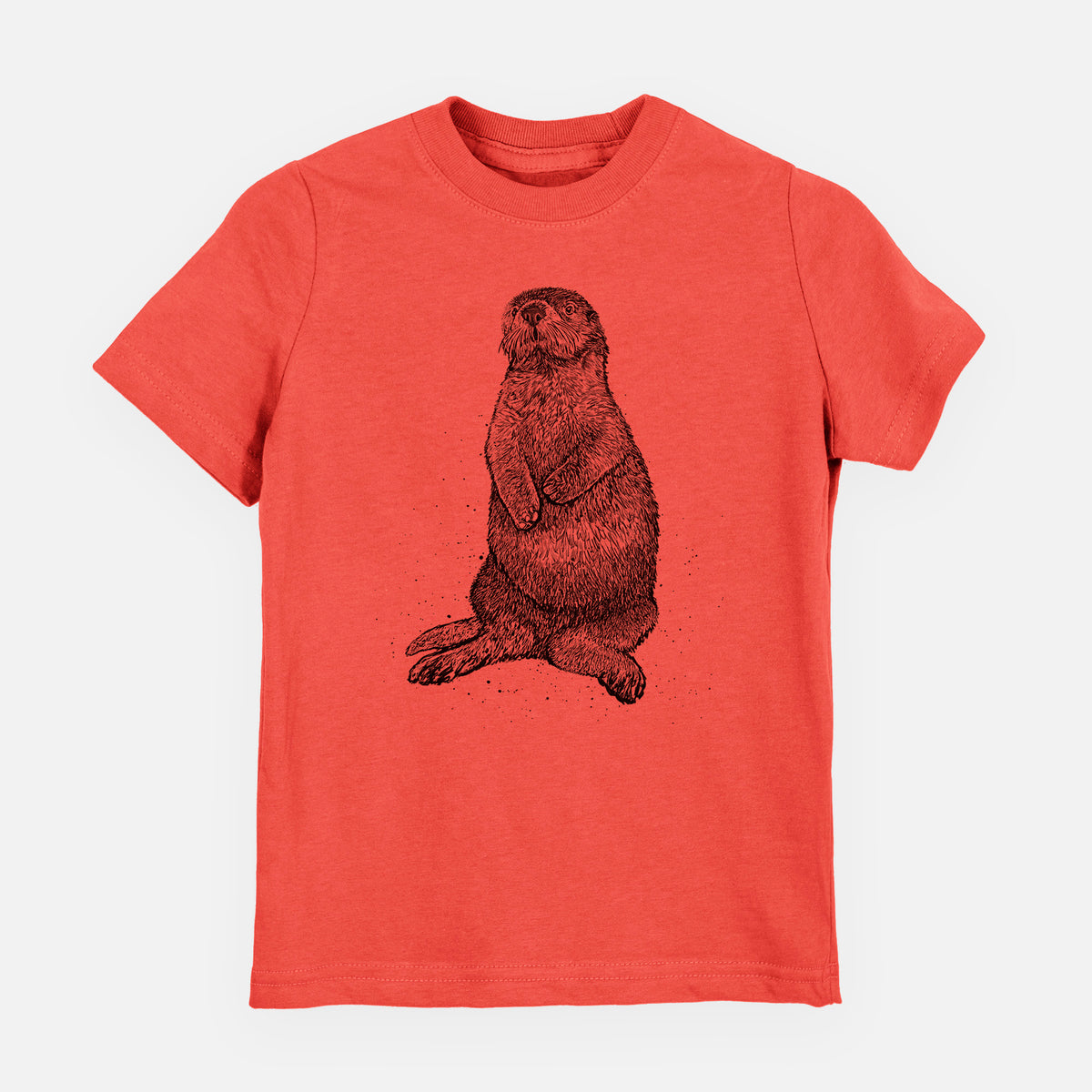 Passionfruit pink youth t-shirt laid flat, printed with a detailed black ink illustration of a sea otter sitting upright.