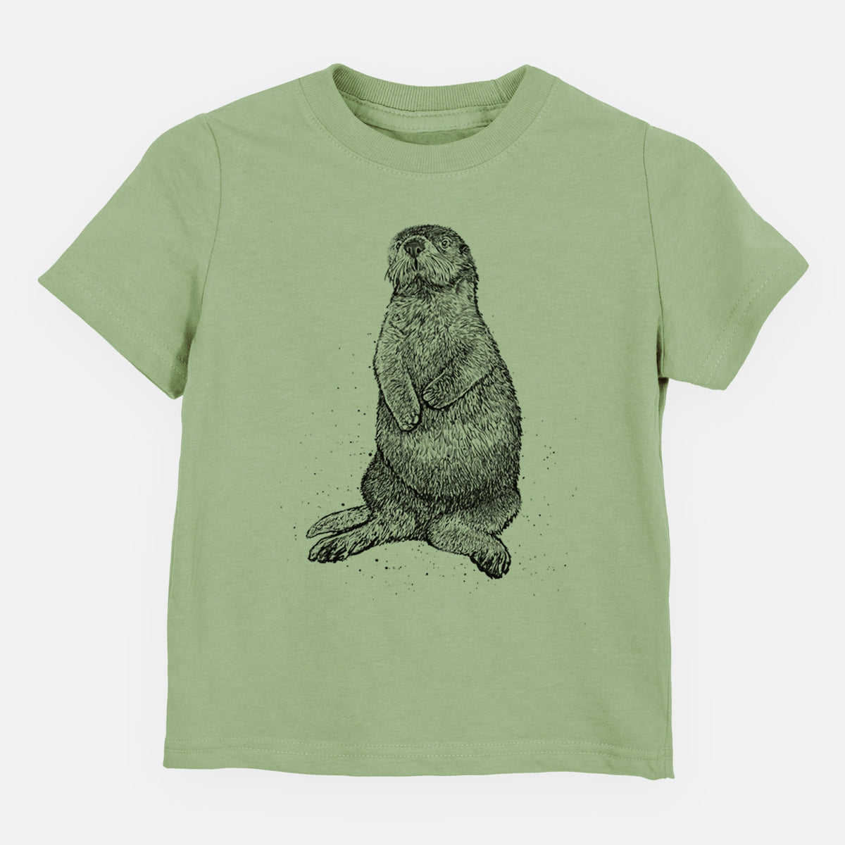 Sage green toddler t-shirt laid flat, printed with a detailed black ink illustration of a sea otter sitting upright.