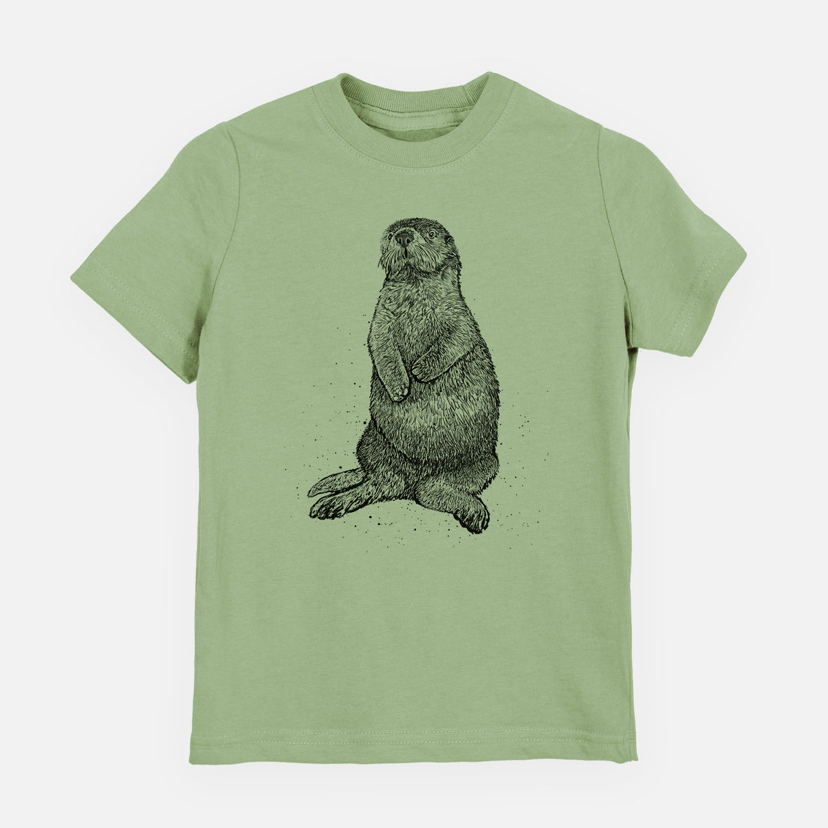 Sage green youth t-shirt laid flat, printed with a detailed black ink illustration of a sea otter sitting upright.