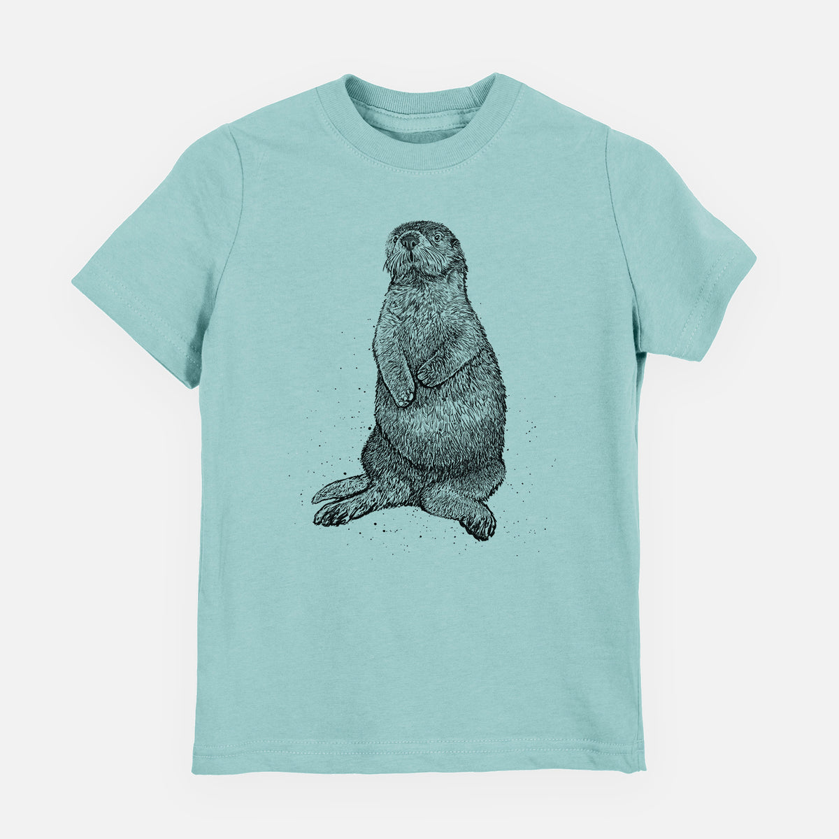 Saltwater youth t-shirt laid flat, printed with a detailed black ink illustration of a sea otter sitting upright.