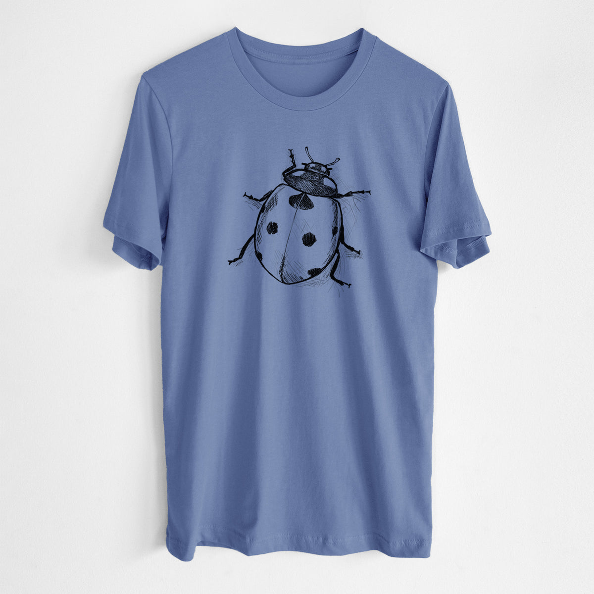 Blue bell lightweight cotton t-shirt laid flat, printed with a detailed black ink illustration of a seven-spot ladybird beetle.