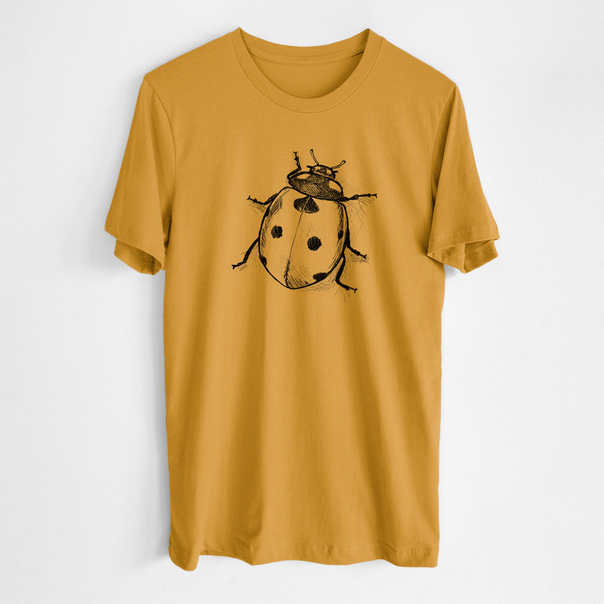 Honeycomb yellow lightweight cotton t-shirt laid flat, printed with a detailed black ink illustration of a seven-spot ladybird beetle.