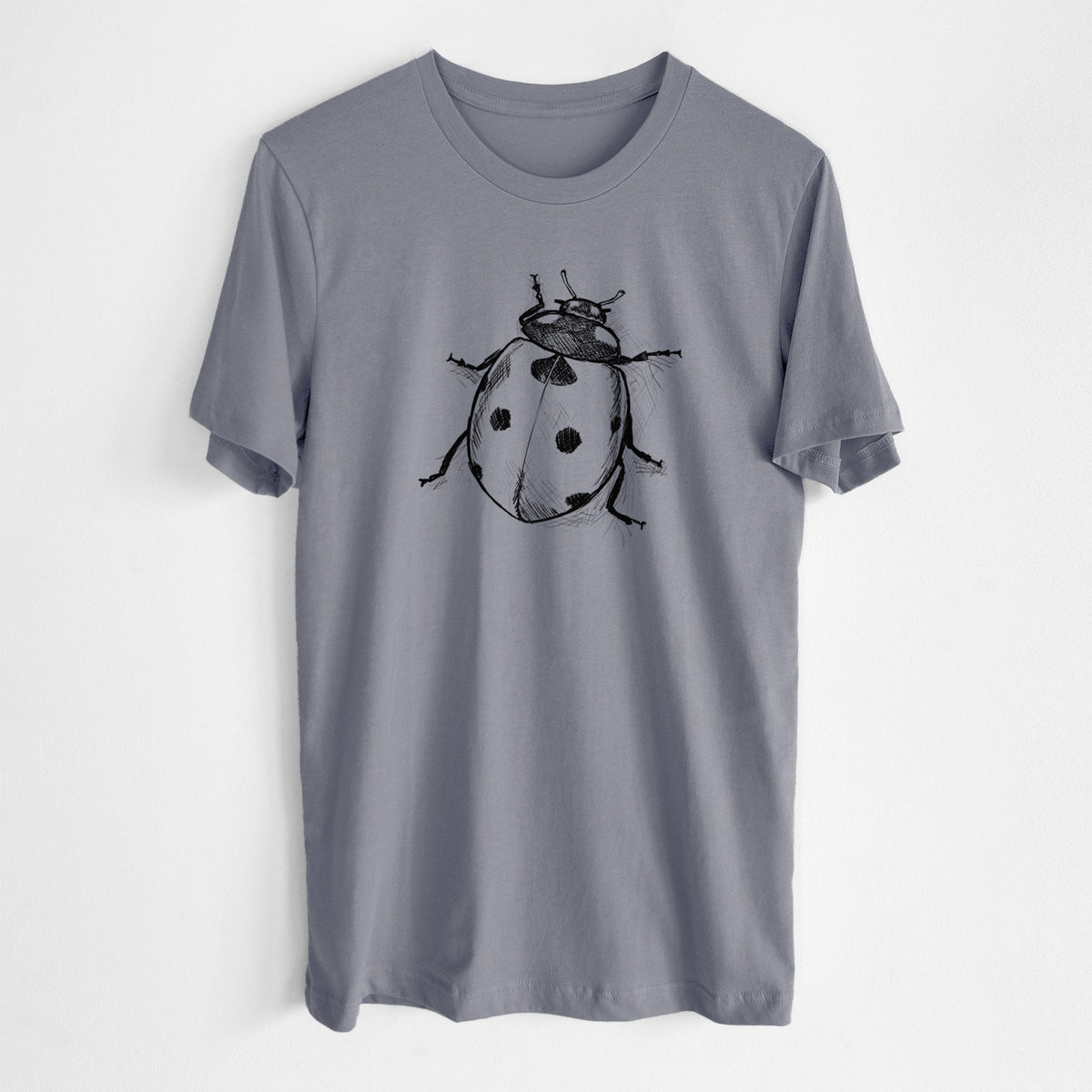 Storm grey lightweight cotton t-shirt laid flat, printed with a detailed black ink illustration of a seven-spot ladybird beetle.