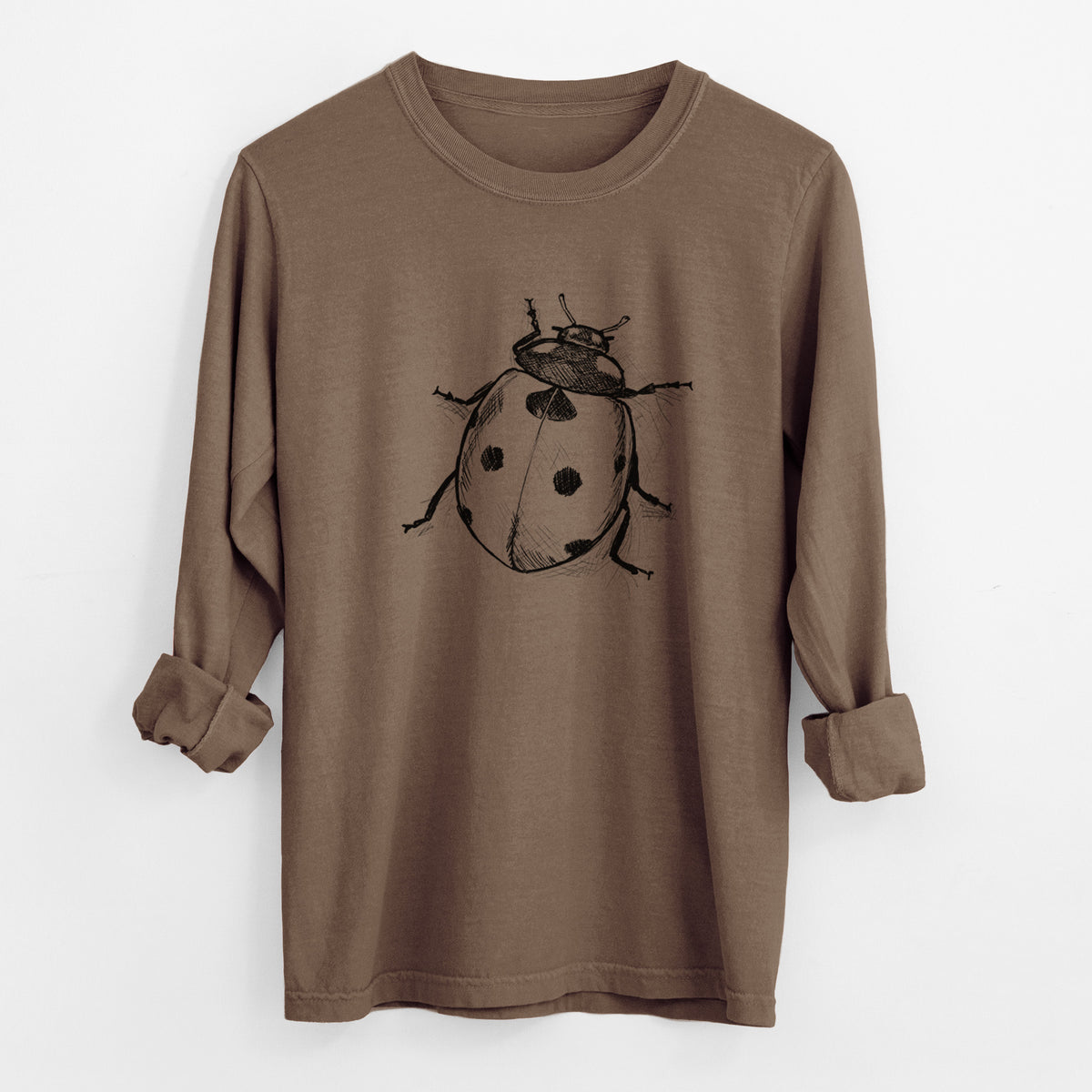Espresso brown Comfort Colors long sleeve shirt laid flat with the cuffs rolled, printed with a detailed black ink illustration of a seven-spot ladybird beetle.