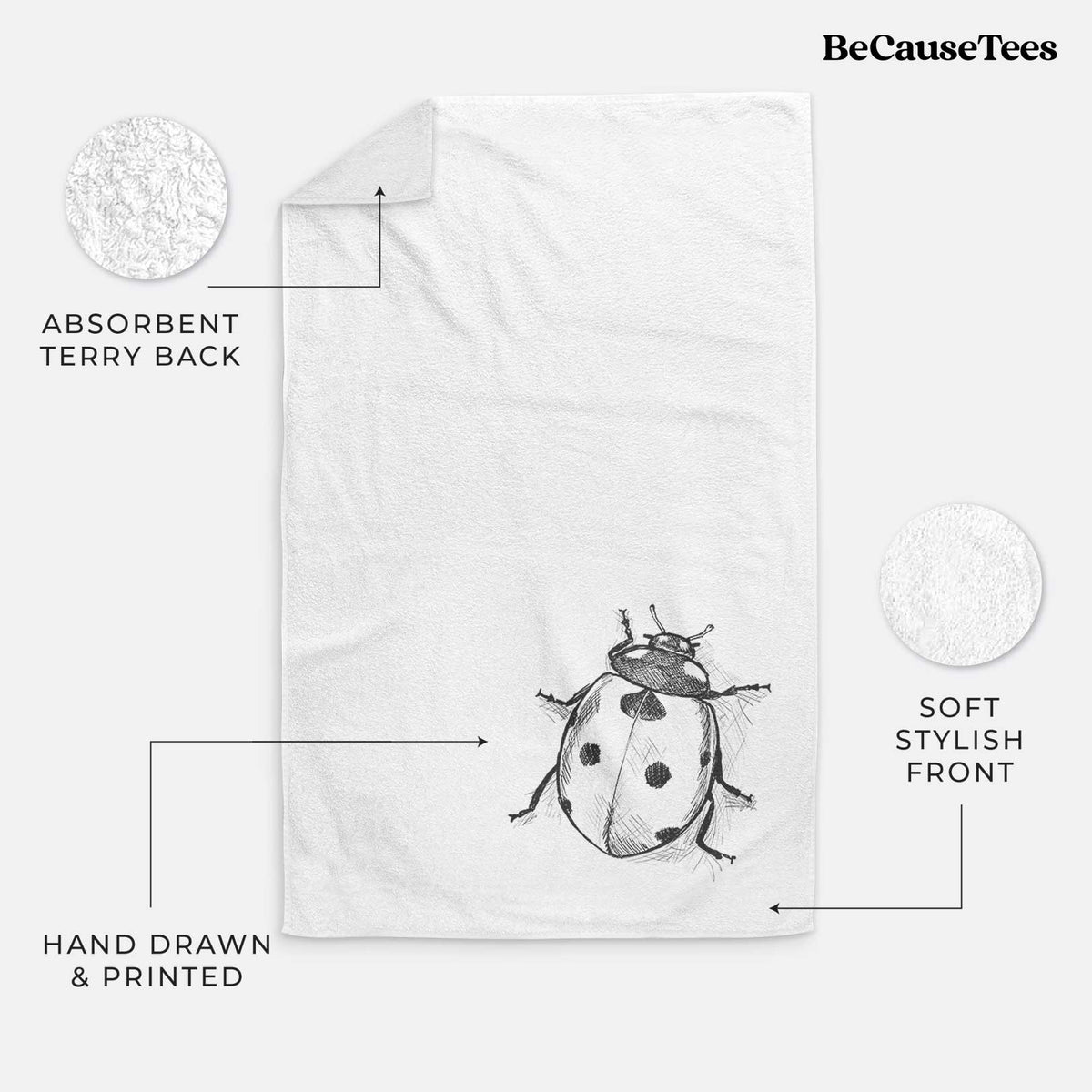 White hand towel printed with a detailed black ink illustration of a seven-spot ladybird beetle.