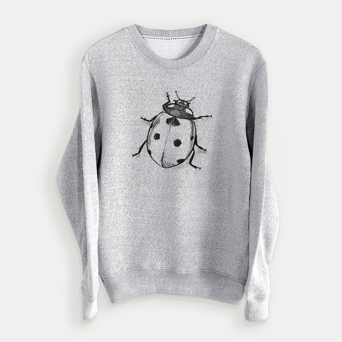 Salt and pepper knit sweatshirt laid flat, printed with a detailed black ink illustration of a seven-spot ladybird beetle.