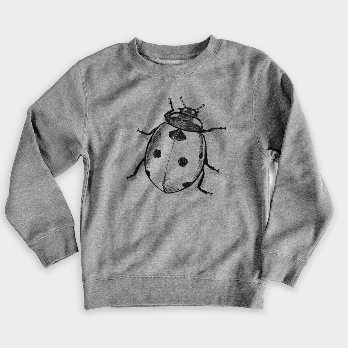 Nickel grey youth crewneck sweatshirt laid flat, printed with a detailed black ink illustration of a seven-spot ladybird beetle.