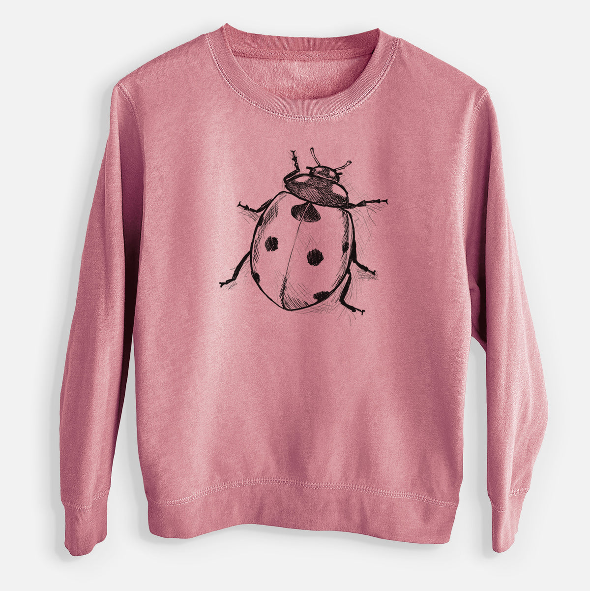 Mauve pink youth crewneck sweatshirt laid flat, printed with a detailed black ink illustration of a seven-spot ladybird beetle.