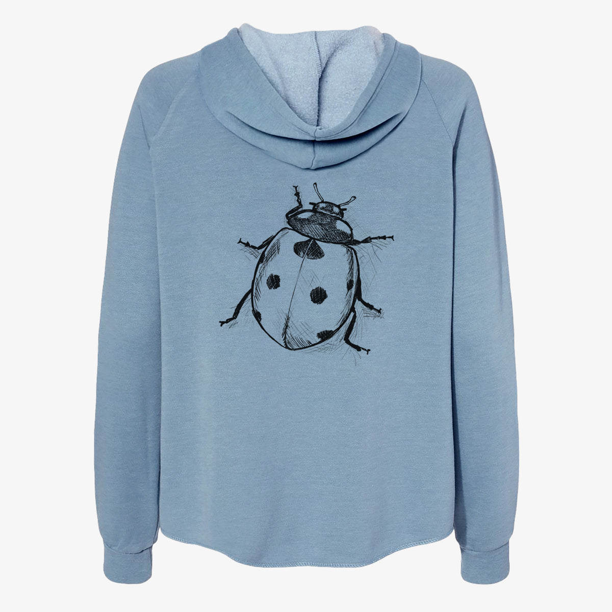 Misty blue women's Cali Wave zip-up sweatshirt laid flat, printed with a detailed black ink illustration of a seven-spot ladybird beetle.