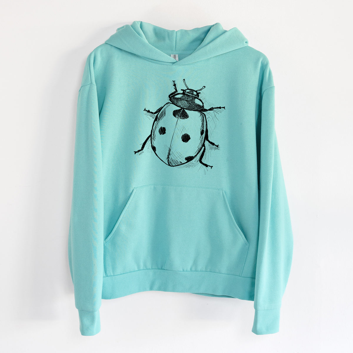 Coccinella septempunctata - Seven-spot Ladybird Ladybug - Statement Midweight Hoodie in Seafoam, hanging on a white wall, with a front kangaroo pocket and no drawcords.