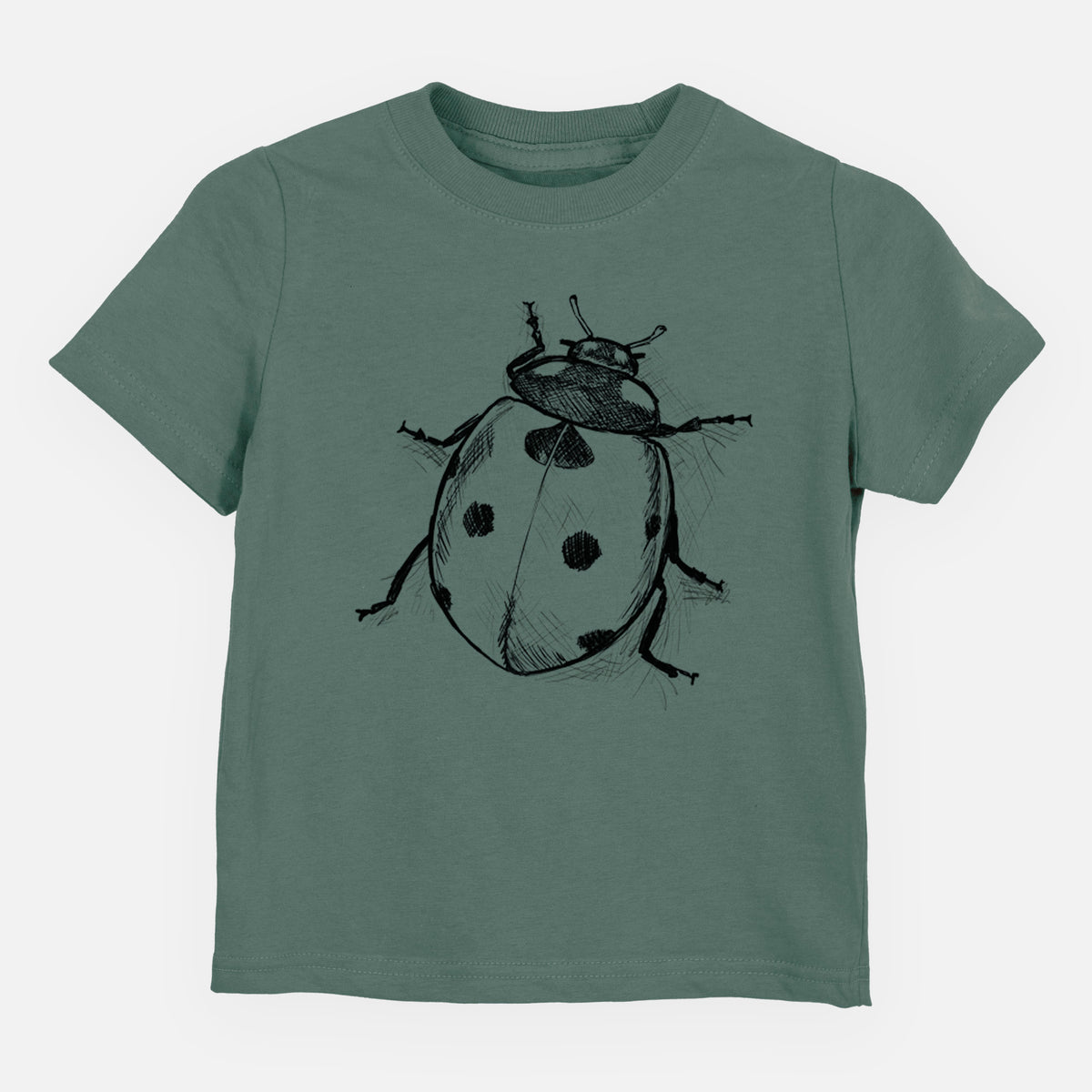 Basil green toddler t-shirt laid flat, printed with a detailed black ink illustration of a seven-spot ladybird beetle.