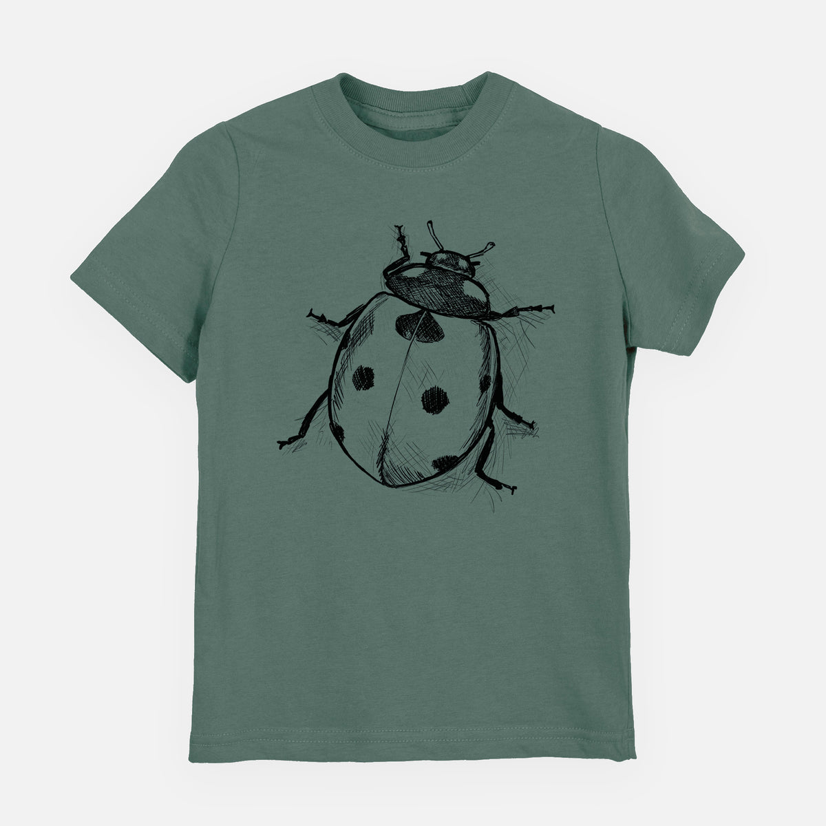 Basil green youth t-shirt laid flat, printed with a detailed black ink illustration of a seven-spot ladybird beetle.