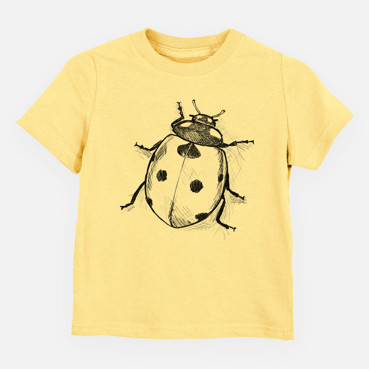 Butter yellow toddler t-shirt laid flat, printed with a detailed black ink illustration of a seven-spot ladybird beetle.