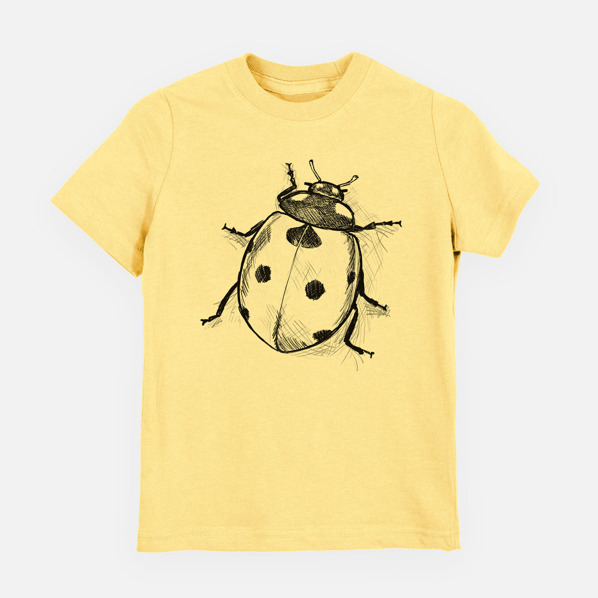 Butter yellow youth t-shirt laid flat, printed with a detailed black ink illustration of a seven-spot ladybird beetle.
