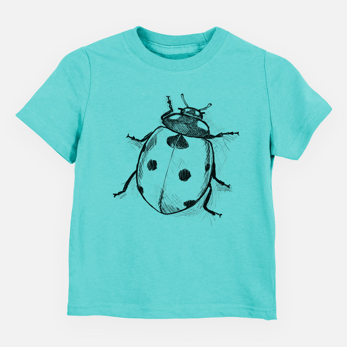 Caribbean blue toddler t-shirt laid flat, printed with a detailed black ink illustration of a seven-spot ladybird beetle.