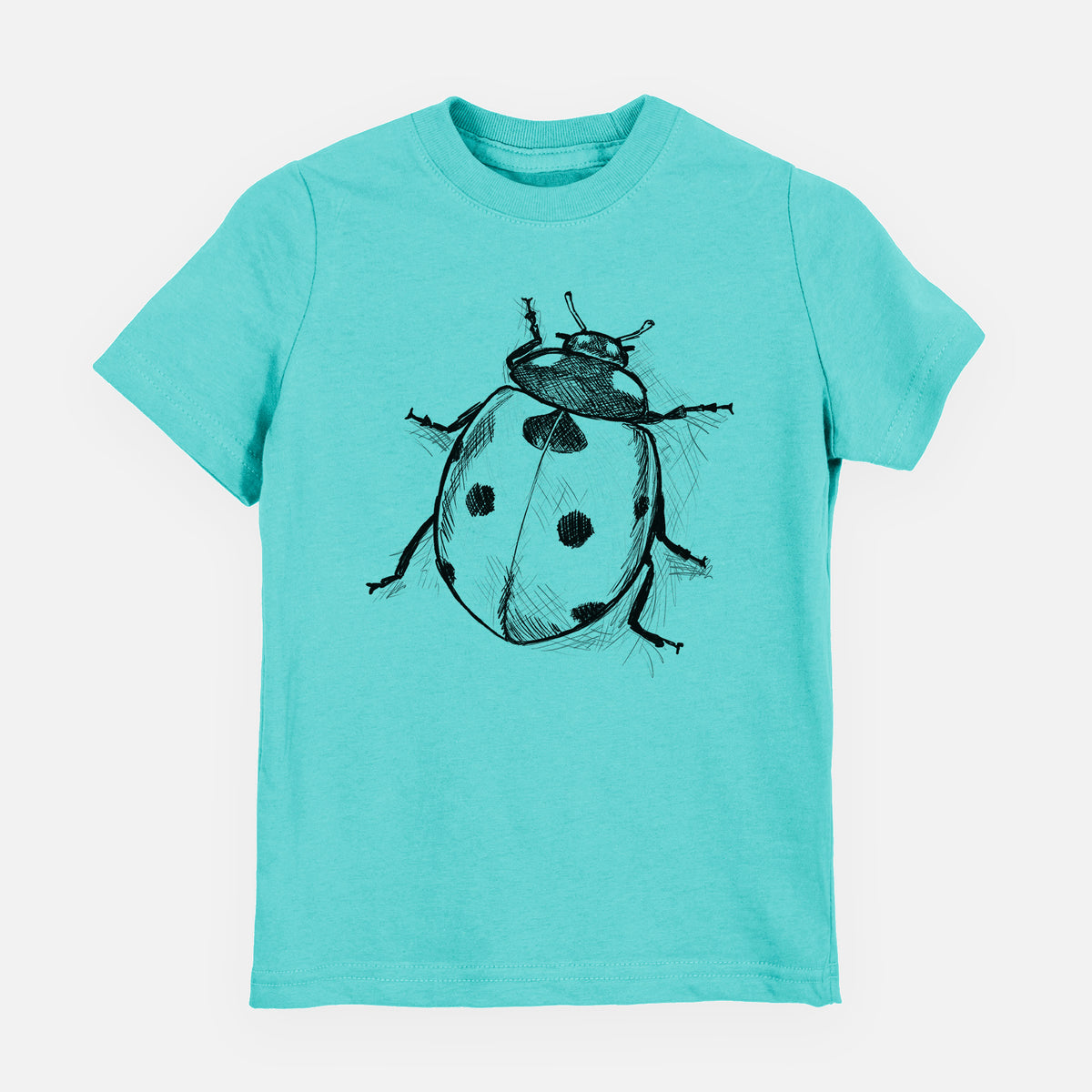 Caribbean blue youth t-shirt laid flat, printed with a detailed black ink illustration of a seven-spot ladybird beetle.