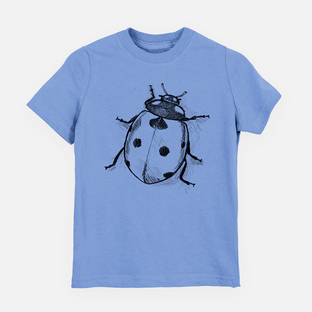 Carolina blue youth t-shirt laid flat, printed with a detailed black ink illustration of a seven-spot ladybird beetle.