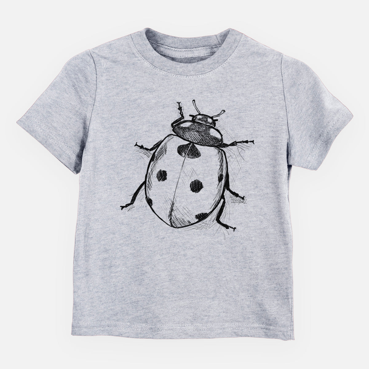 Heather grey toddler t-shirt laid flat, printed with a detailed black ink illustration of a seven-spot ladybird beetle.