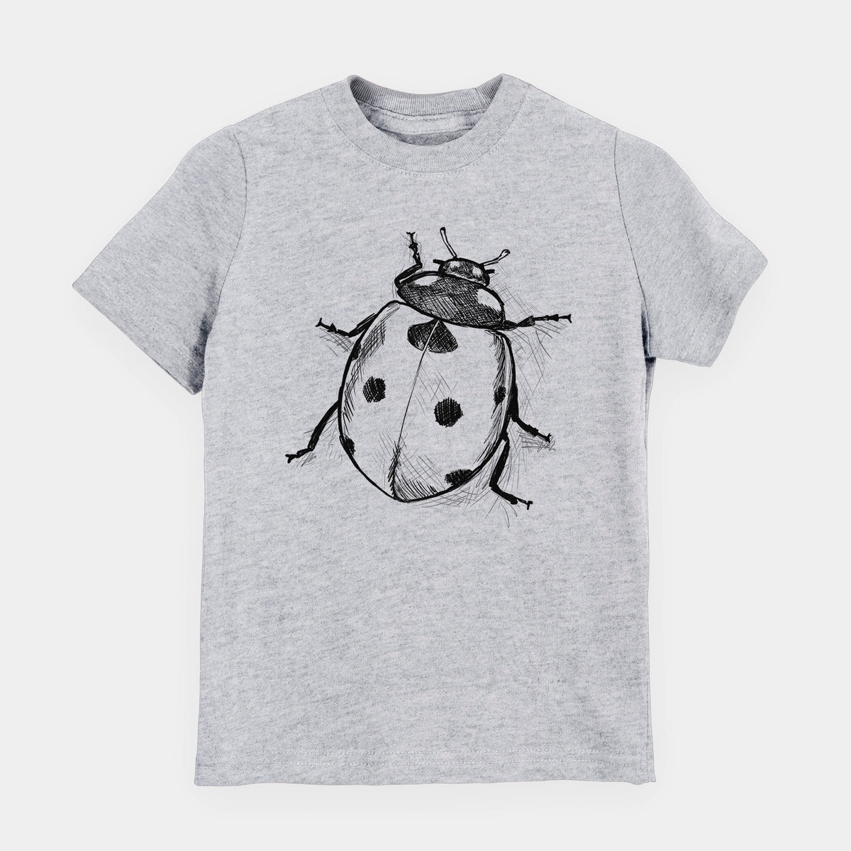 Heather grey youth t-shirt laid flat, printed with a detailed black ink illustration of a seven-spot ladybird beetle.