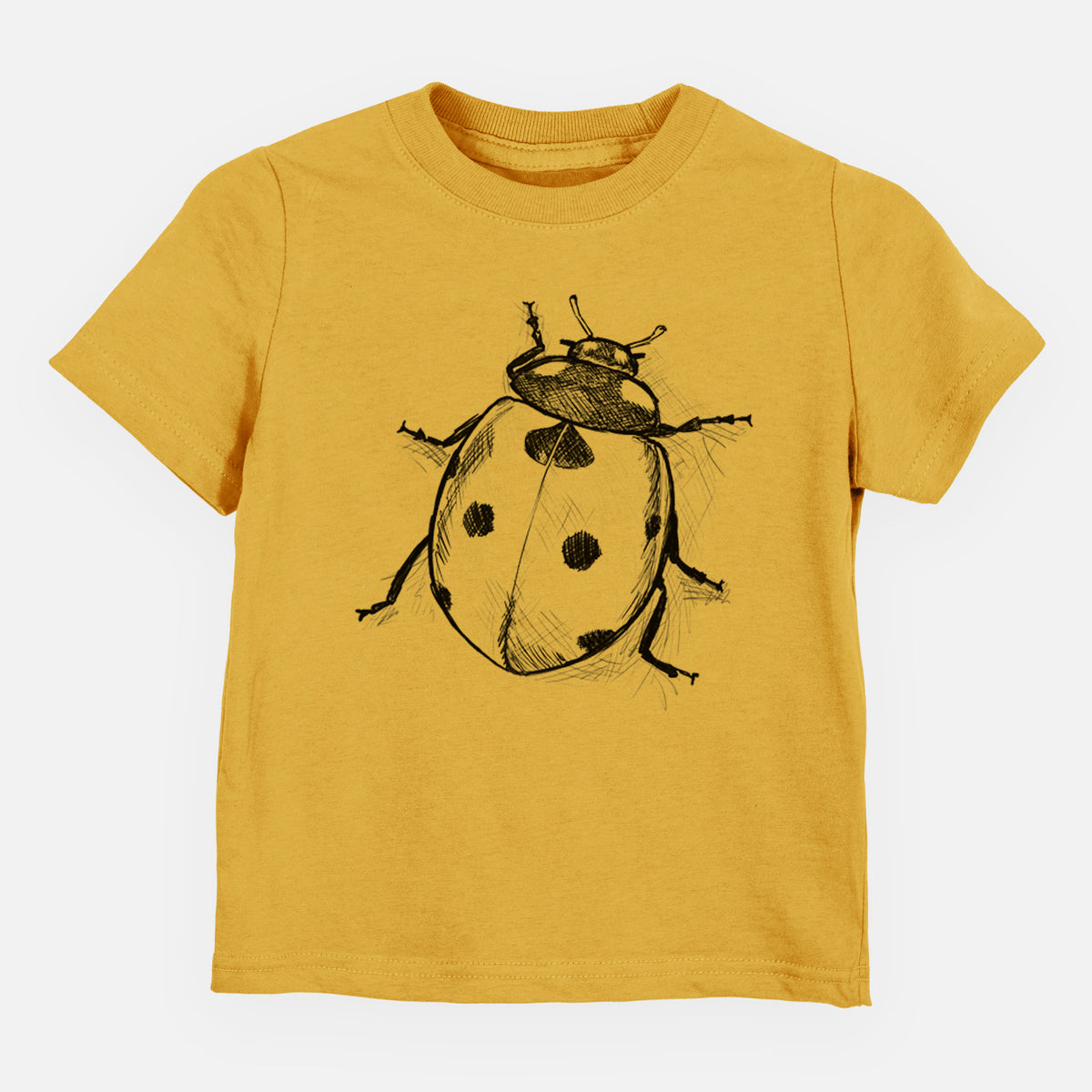 Honeycomb yellow toddler t-shirt laid flat, printed with a detailed black ink illustration of a seven-spot ladybird beetle.