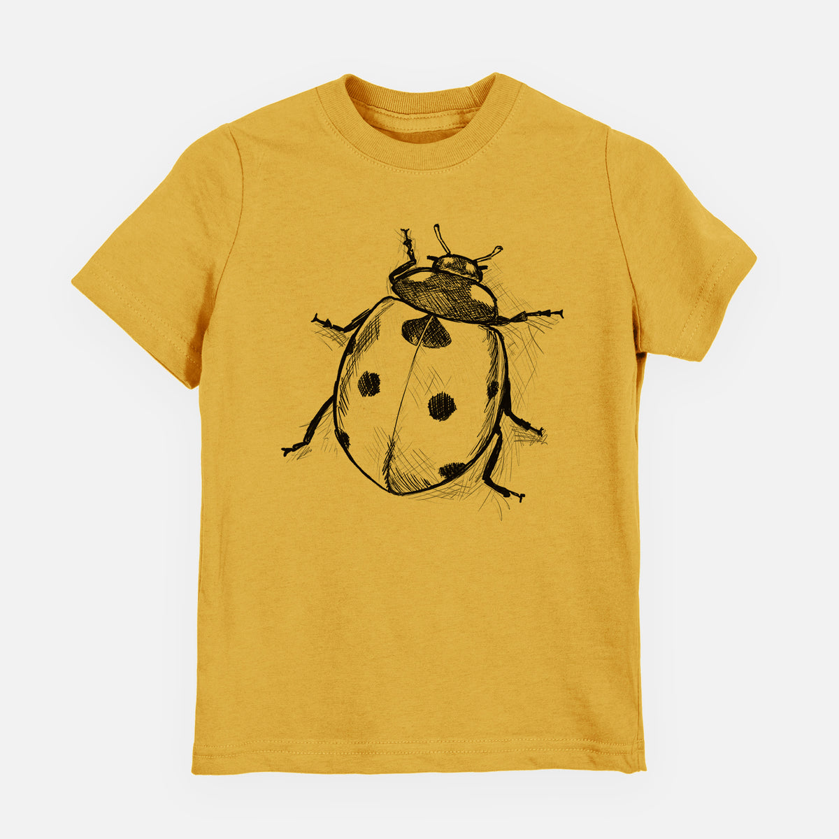 Honeycomb yellow youth t-shirt laid flat, printed with a detailed black ink illustration of a seven-spot ladybird beetle.