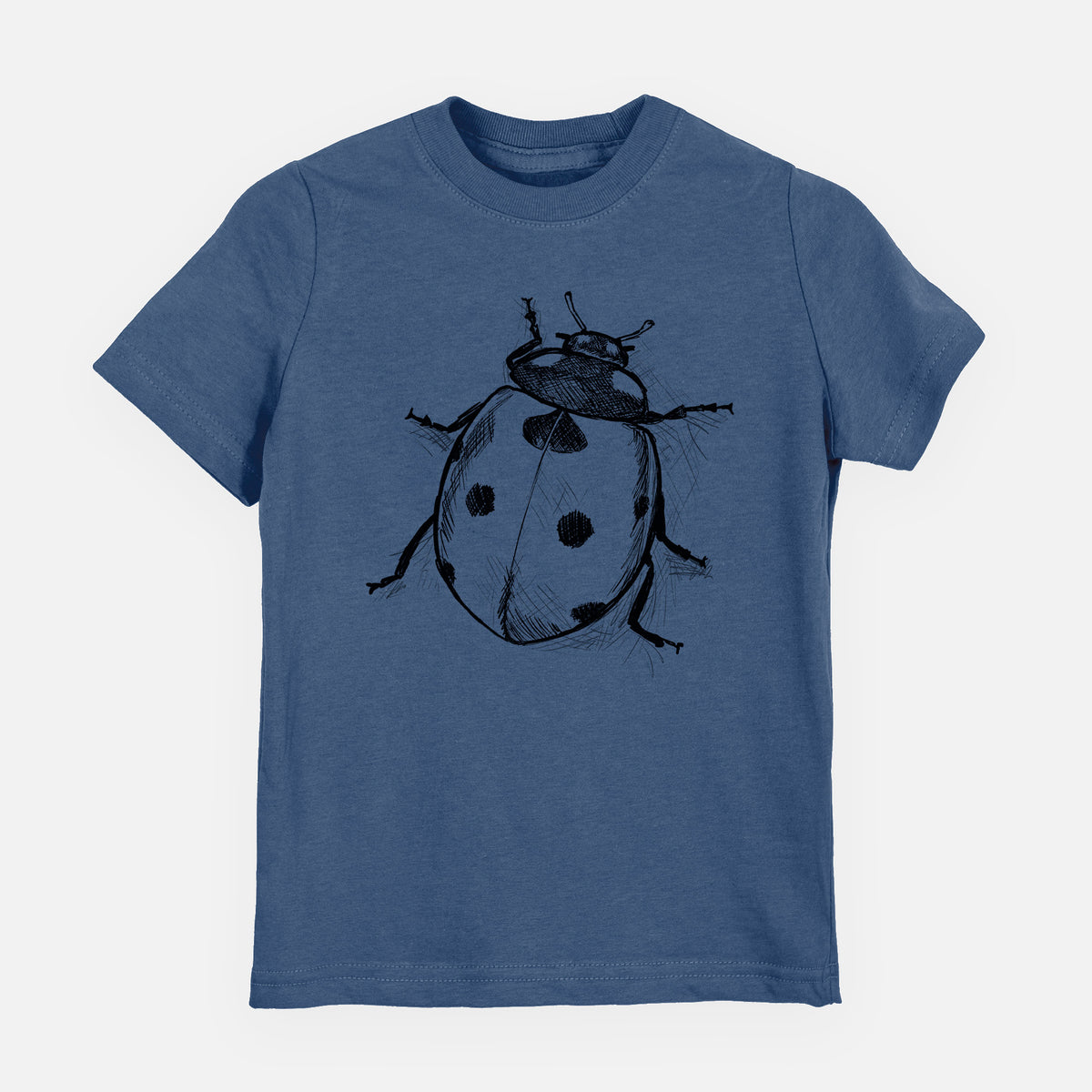 Indigo blue youth t-shirt laid flat, printed with a detailed black ink illustration of a seven-spot ladybird beetle.