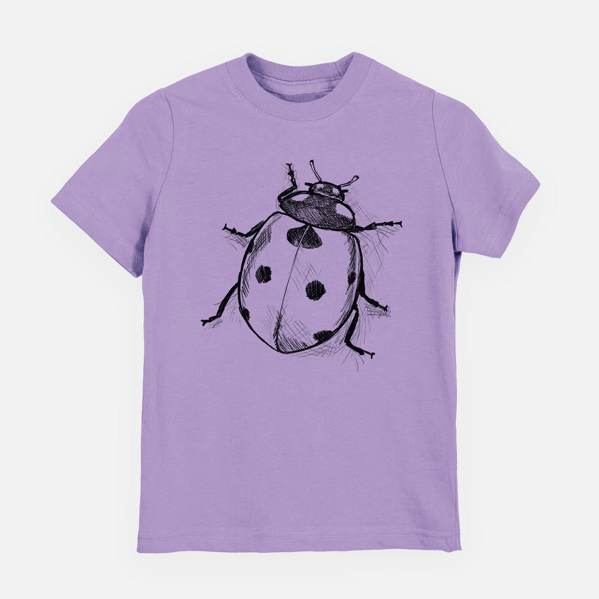 Lavender youth t-shirt laid flat, printed with a detailed black ink illustration of a seven-spot ladybird beetle.