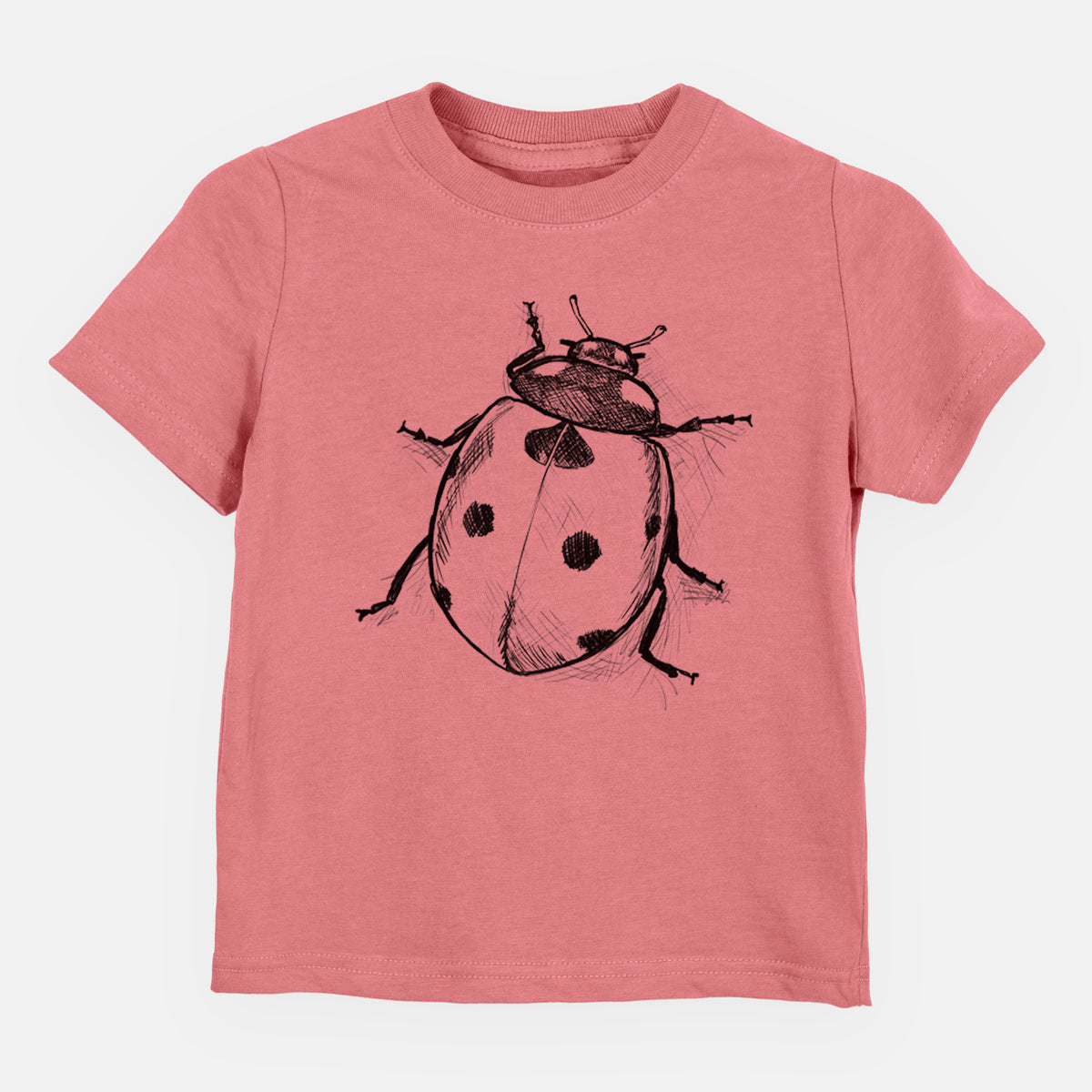 Mauve pink toddler t-shirt laid flat, printed with a detailed black ink illustration of a seven-spot ladybird beetle.