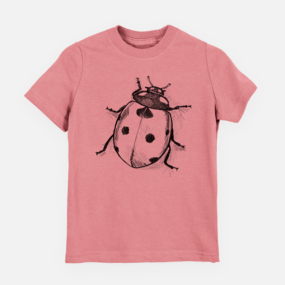 Mauve pink youth t-shirt laid flat, printed with a detailed black ink illustration of a seven-spot ladybird beetle.