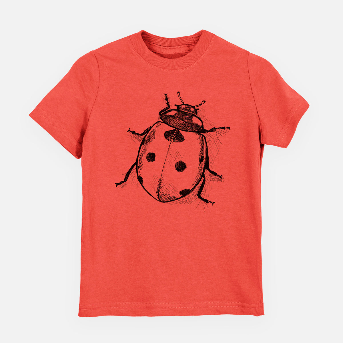 Passionfruit pink youth t-shirt laid flat, printed with a detailed black ink illustration of a seven-spot ladybird beetle.