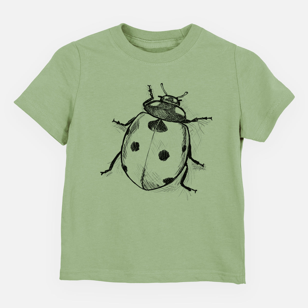 Sage green toddler t-shirt laid flat, printed with a detailed black ink illustration of a seven-spot ladybird beetle.