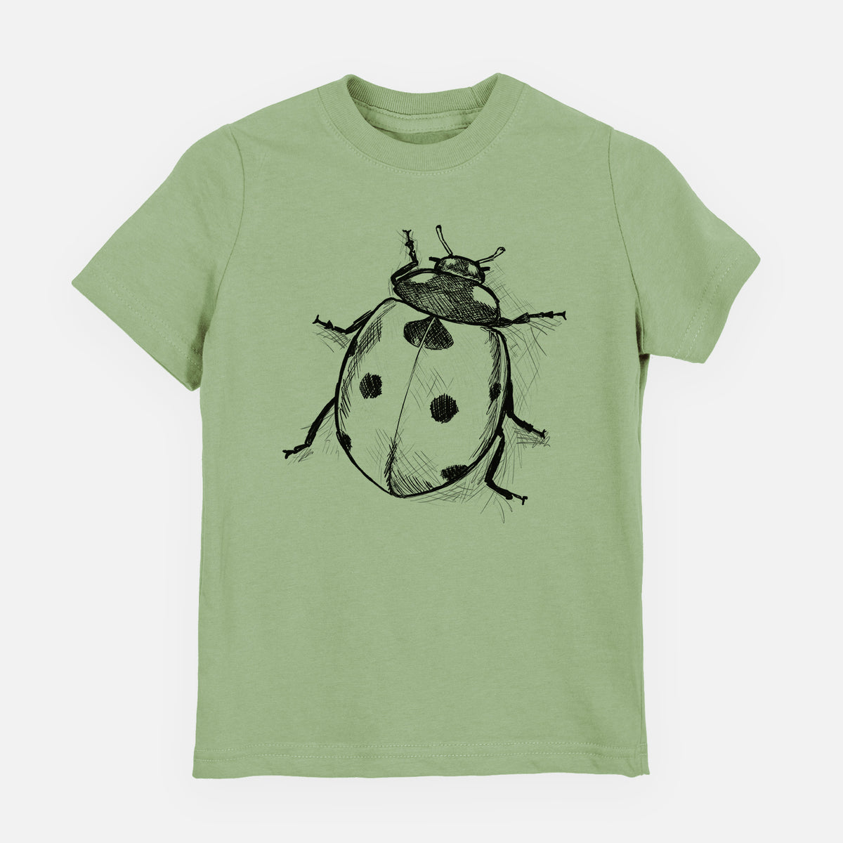 Sage green youth t-shirt laid flat, printed with a detailed black ink illustration of a seven-spot ladybird beetle.
