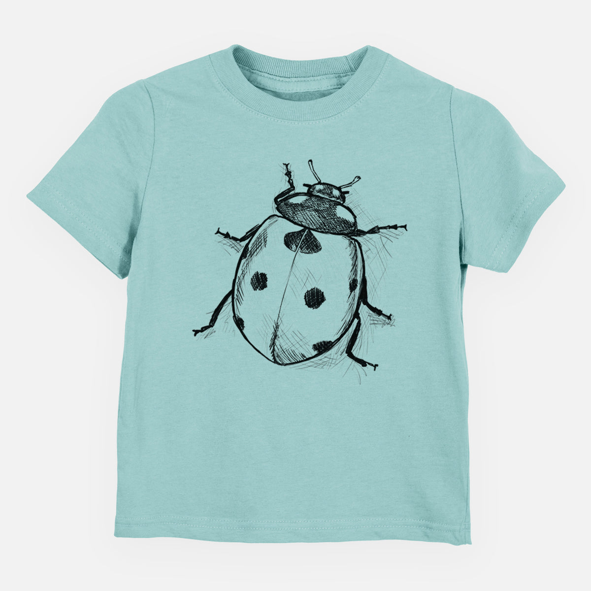 Saltwater toddler t-shirt laid flat, printed with a detailed black ink illustration of a seven-spot ladybird beetle.