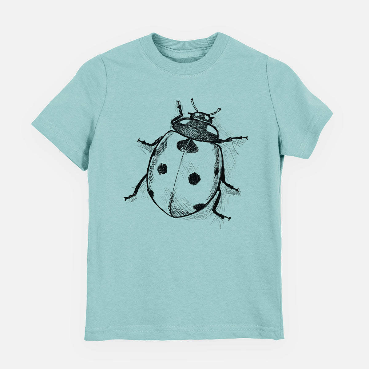 Saltwater youth t-shirt laid flat, printed with a detailed black ink illustration of a seven-spot ladybird beetle.