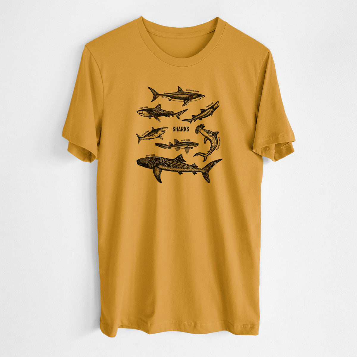 Honeycomb yellow lightweight cotton t-shirt laid flat, printed with a chart of black ink shark illustrations, including a whale shark, hammerhead and great white.