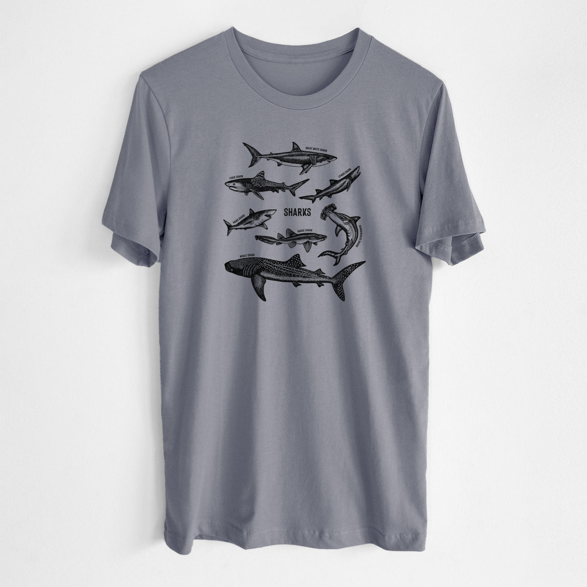 Storm grey lightweight cotton t-shirt laid flat, printed with a chart of black ink shark illustrations, including a whale shark, hammerhead and great white.