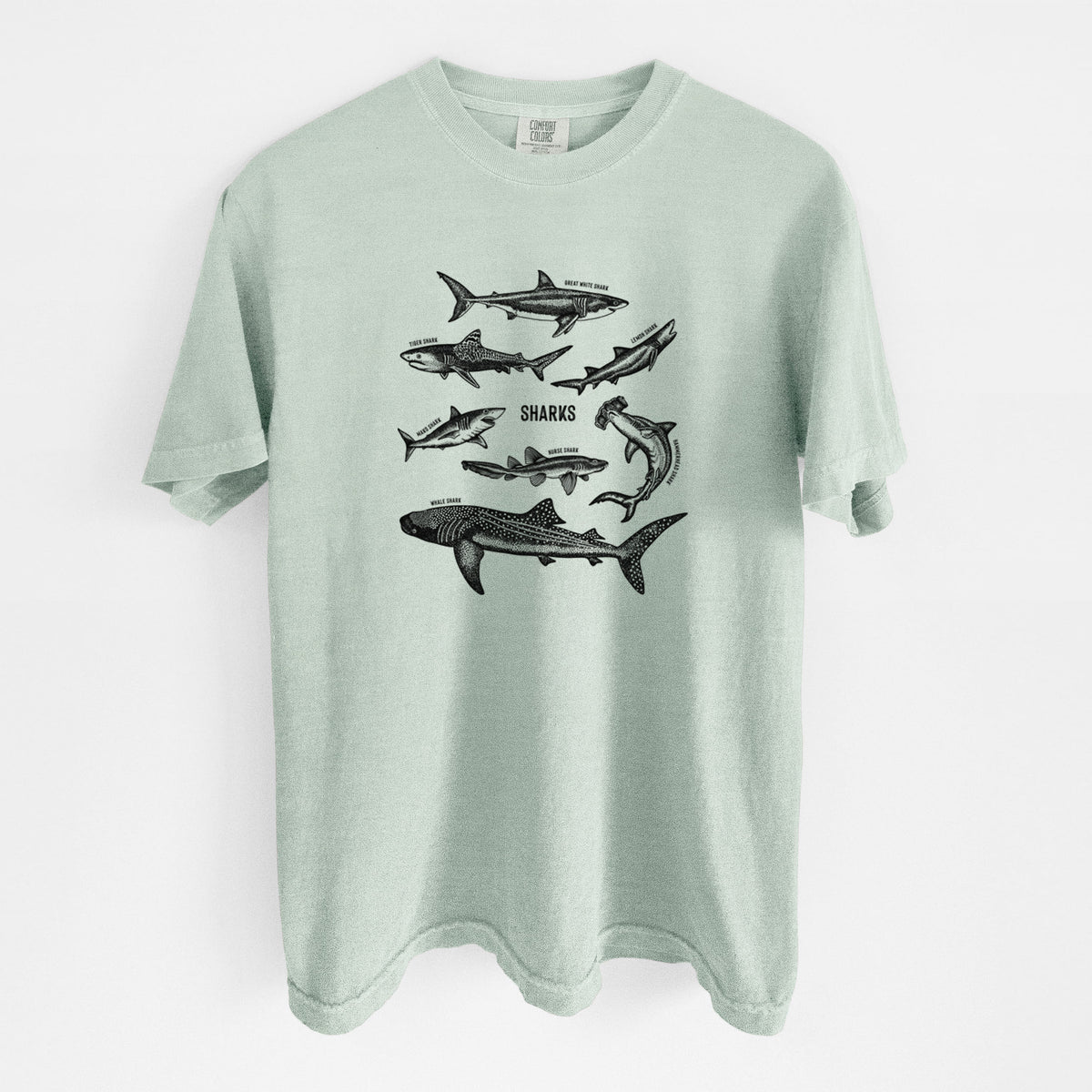 Bay green Comfort Colors t-shirt laid flat, printed with a chart of black ink shark illustrations, including a whale shark, hammerhead and great white.
