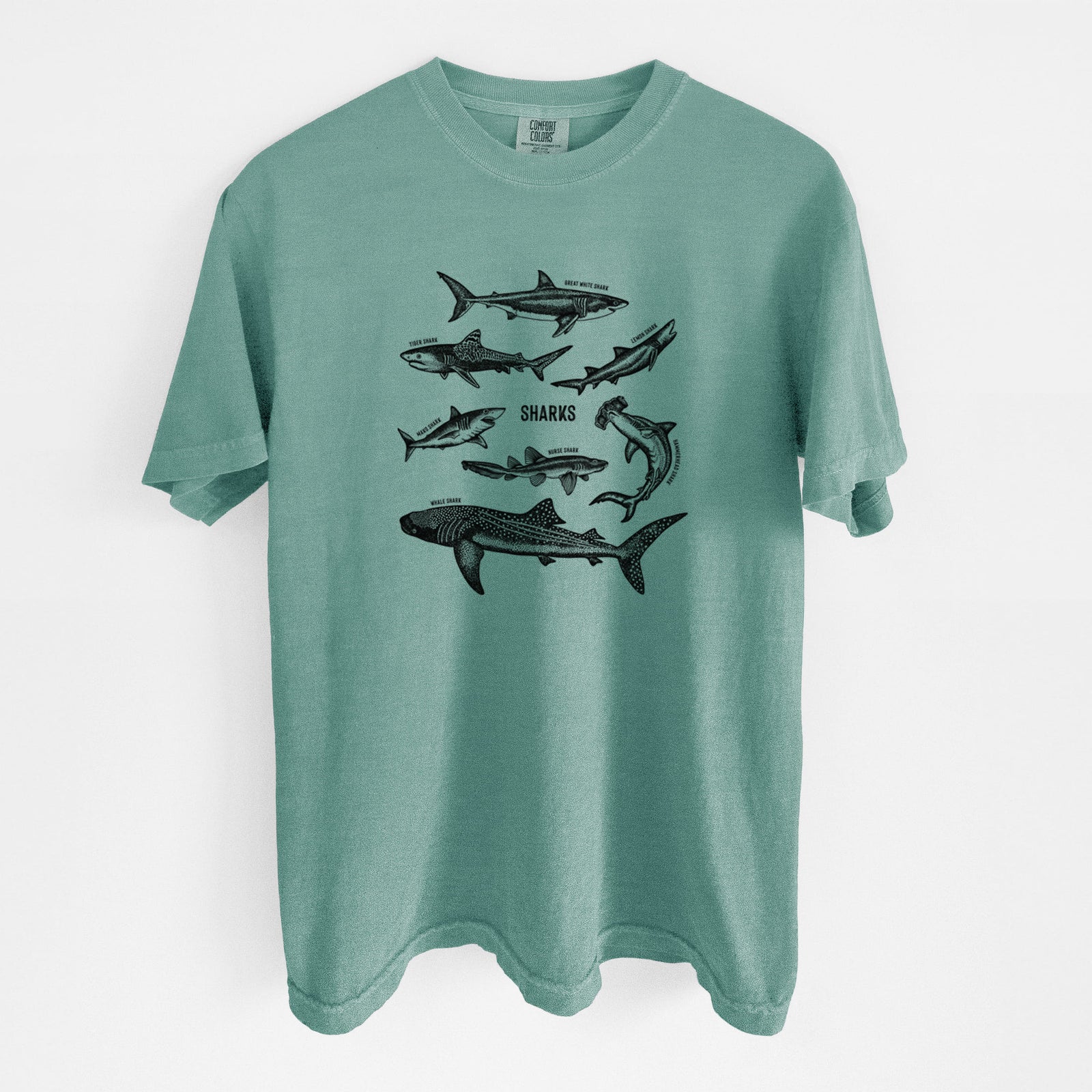 Blue jean Comfort Colors t-shirt laid flat, printed with a chart of black ink shark illustrations, including a whale shark, hammerhead and great white.