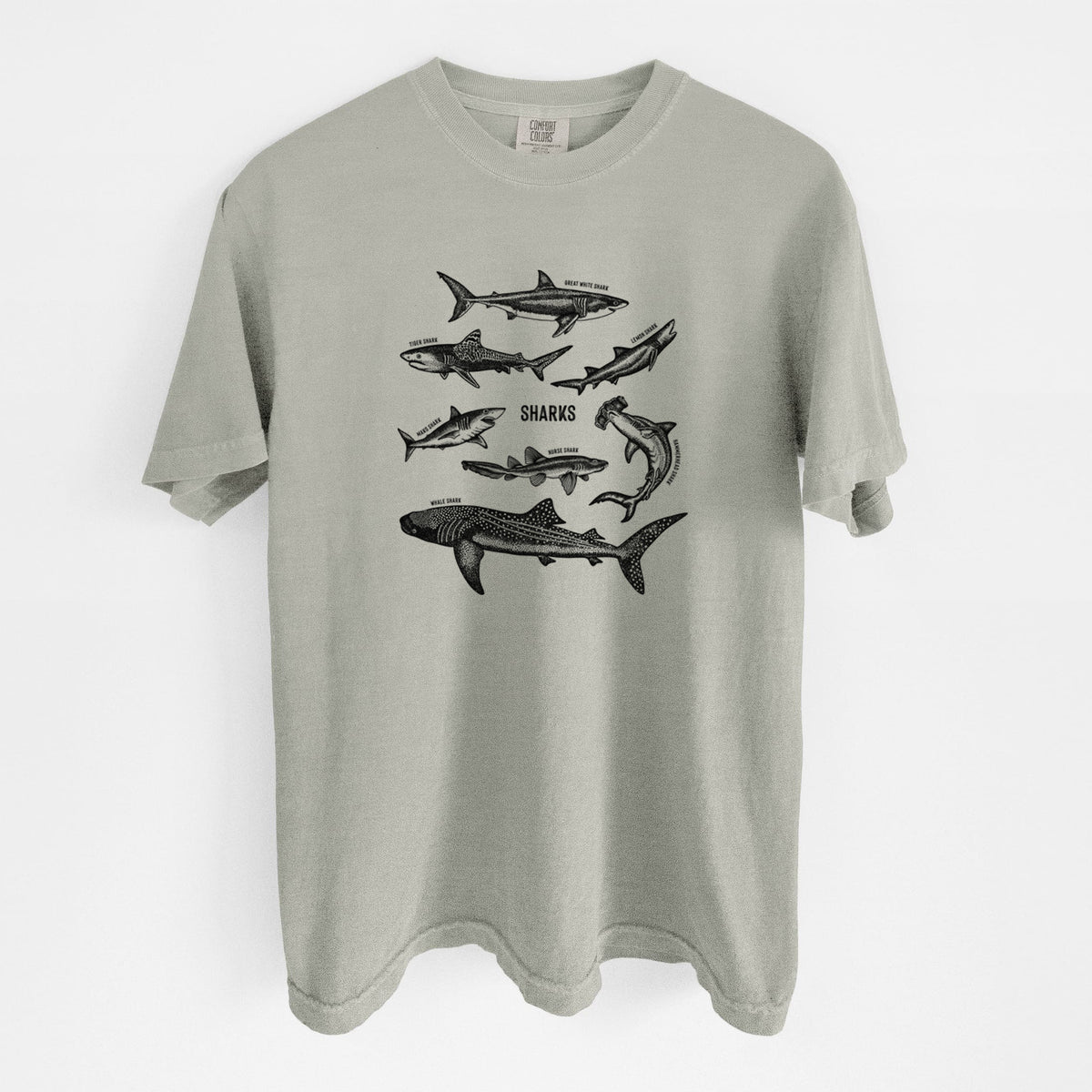 Sandstone beige Comfort Colors t-shirt laid flat, printed with a chart of black ink shark illustrations, including a whale shark, hammerhead and great white.