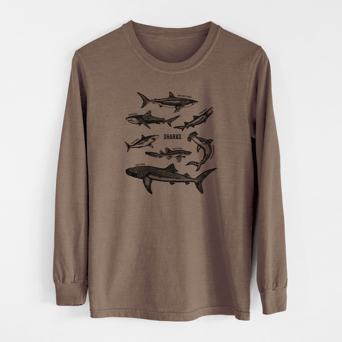 Espresso brown Comfort Colors long sleeve shirt laid flat, printed with a chart of black ink shark illustrations, including a whale shark, hammerhead and great white.
