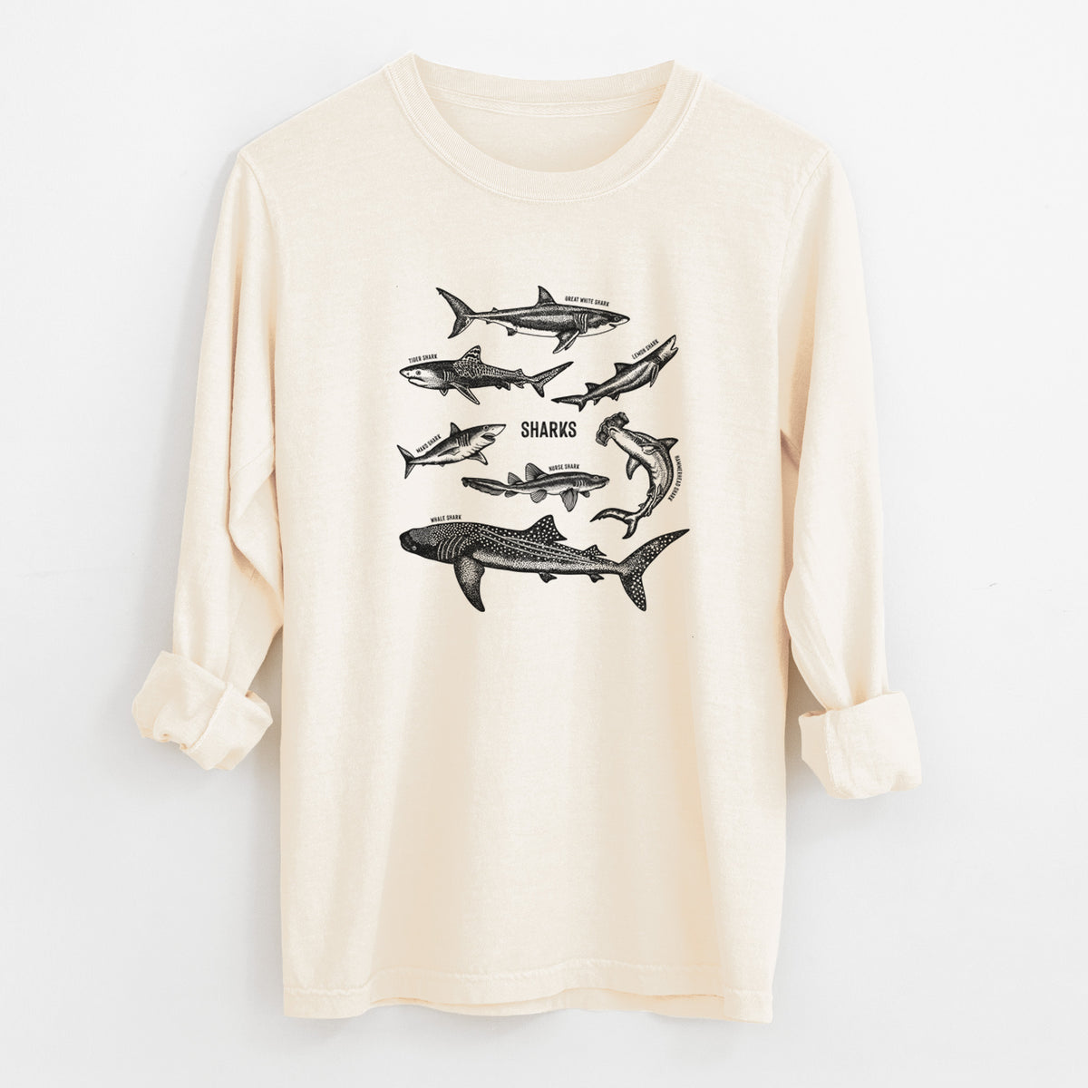 Ivory Comfort Colors long sleeve shirt laid flat with the cuffs rolled, printed with a chart of black ink shark illustrations, including a whale shark, hammerhead and great white.