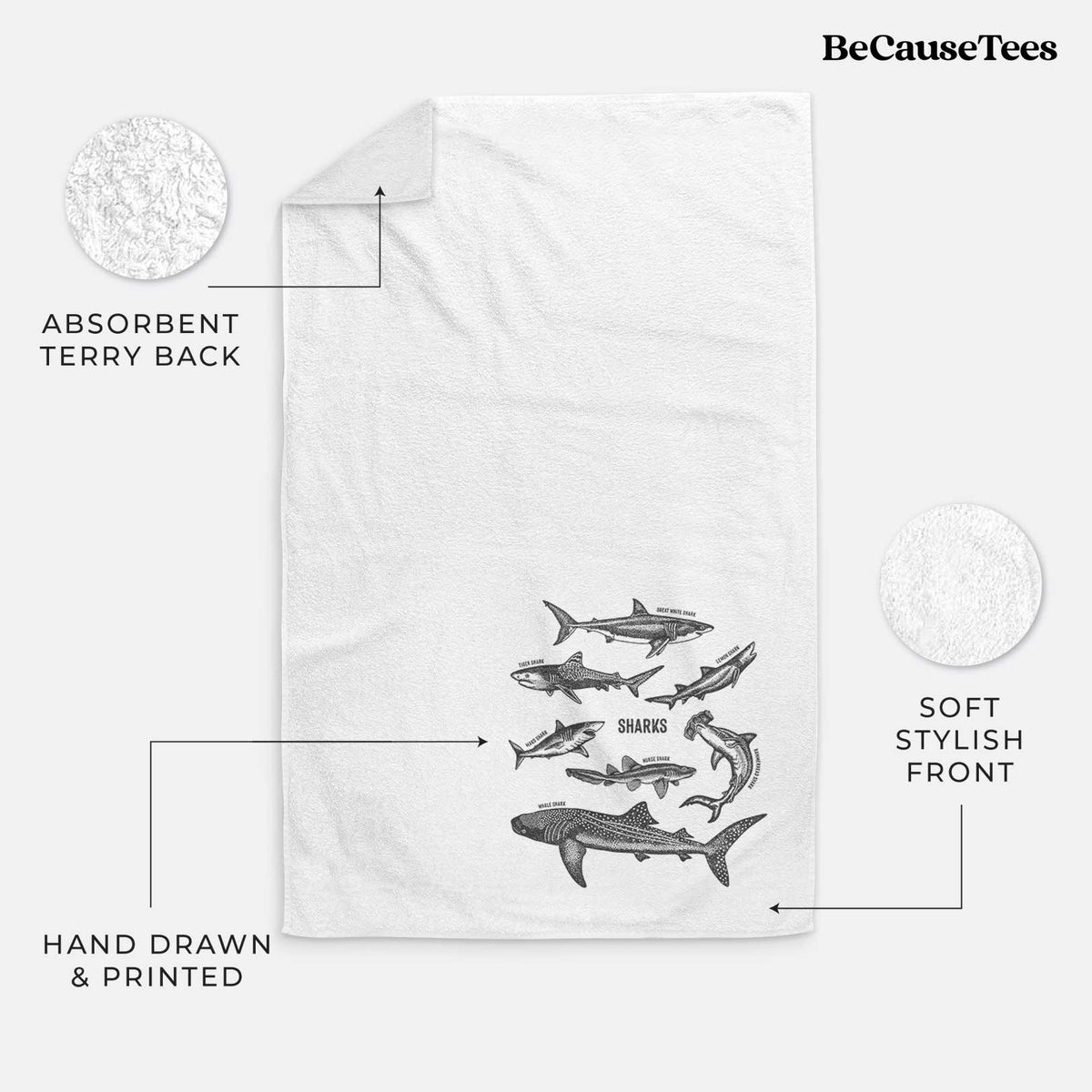 White hand towel printed with a chart of black ink shark illustrations, including a whale shark, hammerhead and great white.